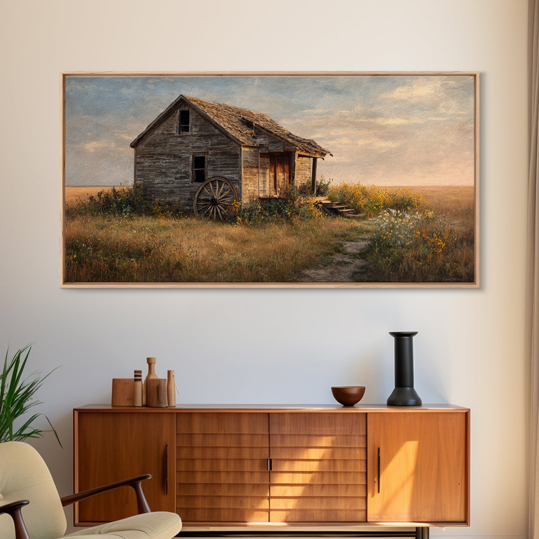 Rustic Abandoned Schoolhouse In Countryside Autumn Landscape Painting Wall Art Canvas Print For Farmhouse Décor