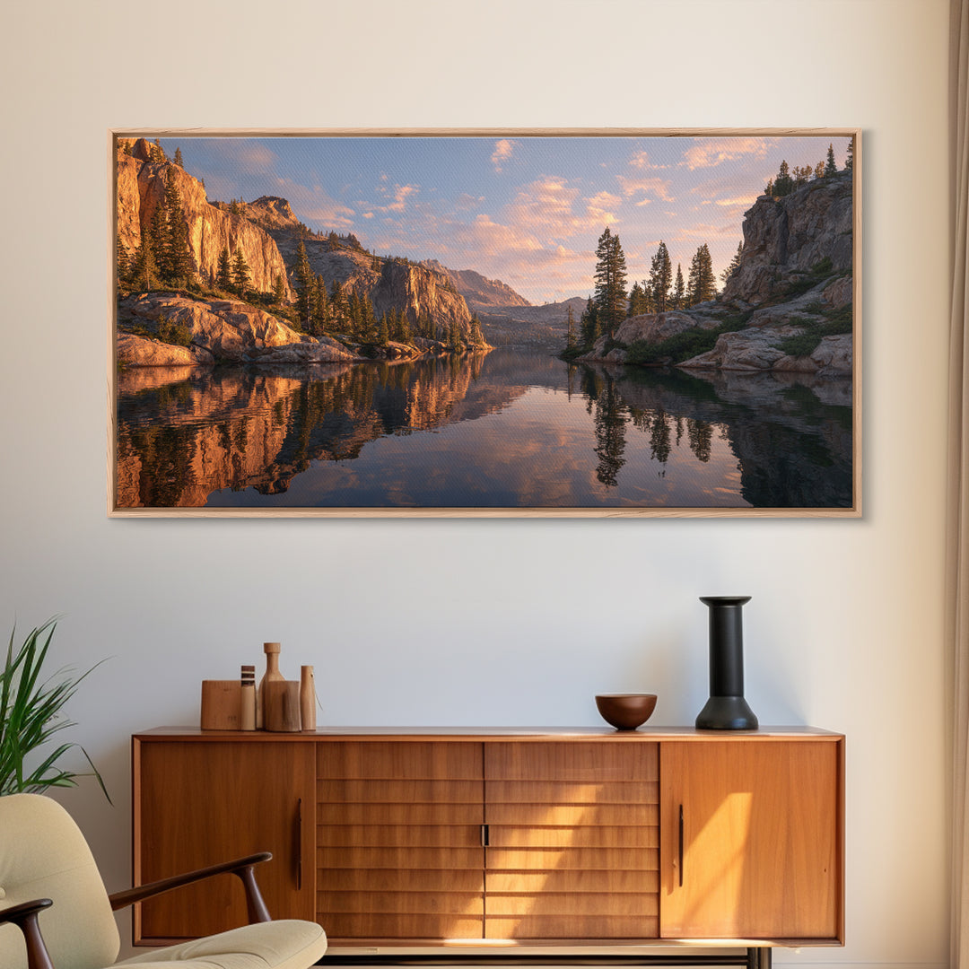 Golden Hour Mountain Lake Landscape With Reflection And Trees Framed Canvas Print Rustic Wall Art For Living Room Decor