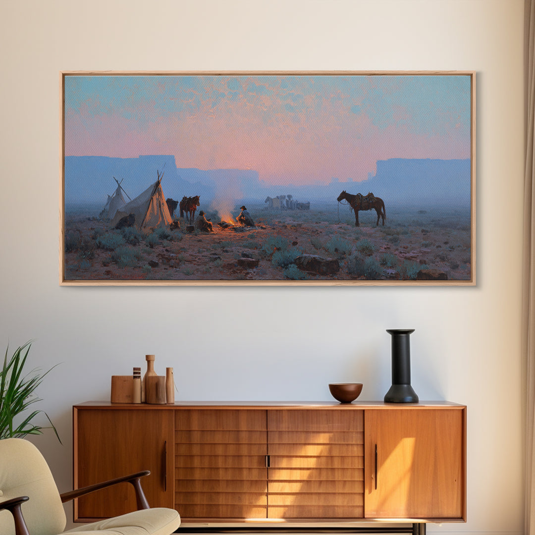 Rustic Cowboy Campfire Scene Oil Painting Wall Art Showcasing Western Lifestyle With Horses For Farmhouse Living Room Decor Framed Canvas Print