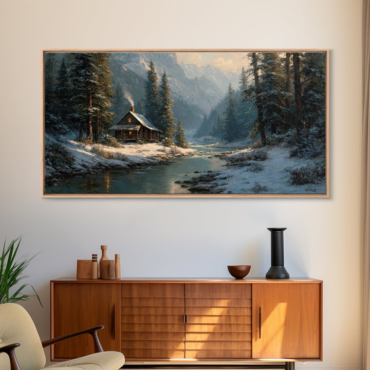 Rustic Winter Landscape Painting Of Cabin Beside Snowy Stream Large Wall Art Original Painting Canvas Print