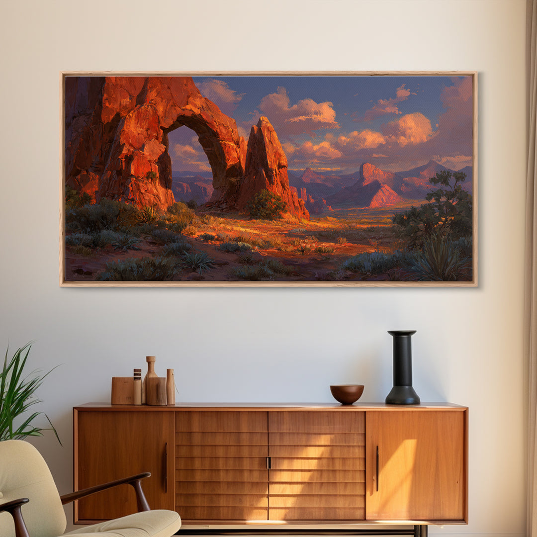 Sunlit Red Rock Arch In Desert Landscape Stunning Warm Tones Southwestern Wall Art For Living Room Decor Framed Canvas Print