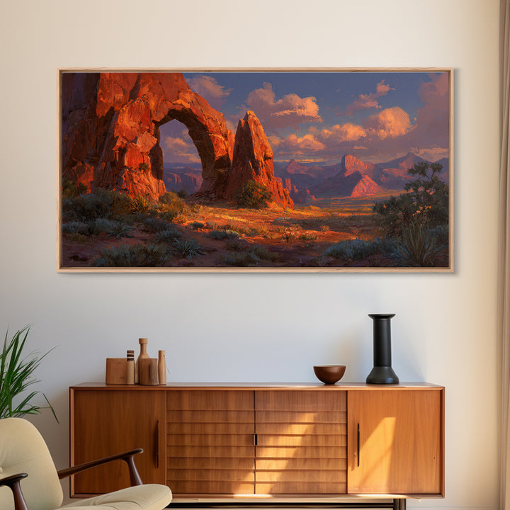 Sunlit Red Rock Arch In Desert Landscape Stunning Warm Tones Southwestern Wall Art For Living Room Decor Framed Canvas Print