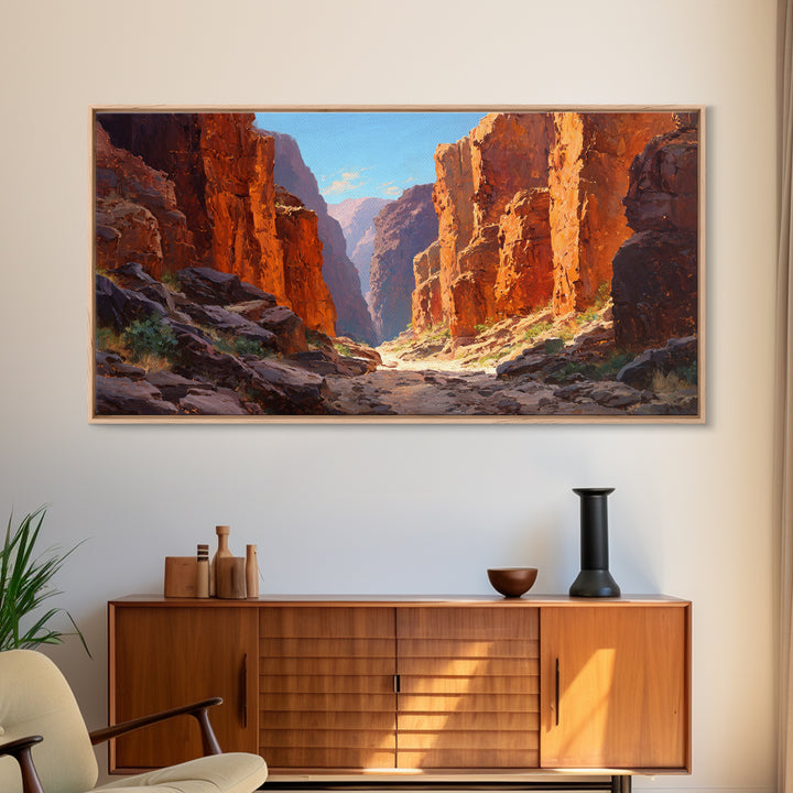 Majestic Canyon Landscape Oil Painting With Dramatic Cliff Sunlight And Shadows Large Wall Art Framed Canvas Print For Rustic Home Decor