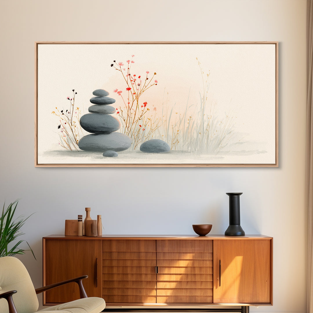 Stacked Zen Stones With Delicate Botanicals Wall Art, Minimalist Spa Decor, Calming Meditation Room Canvas Print, Neutral Home Decor