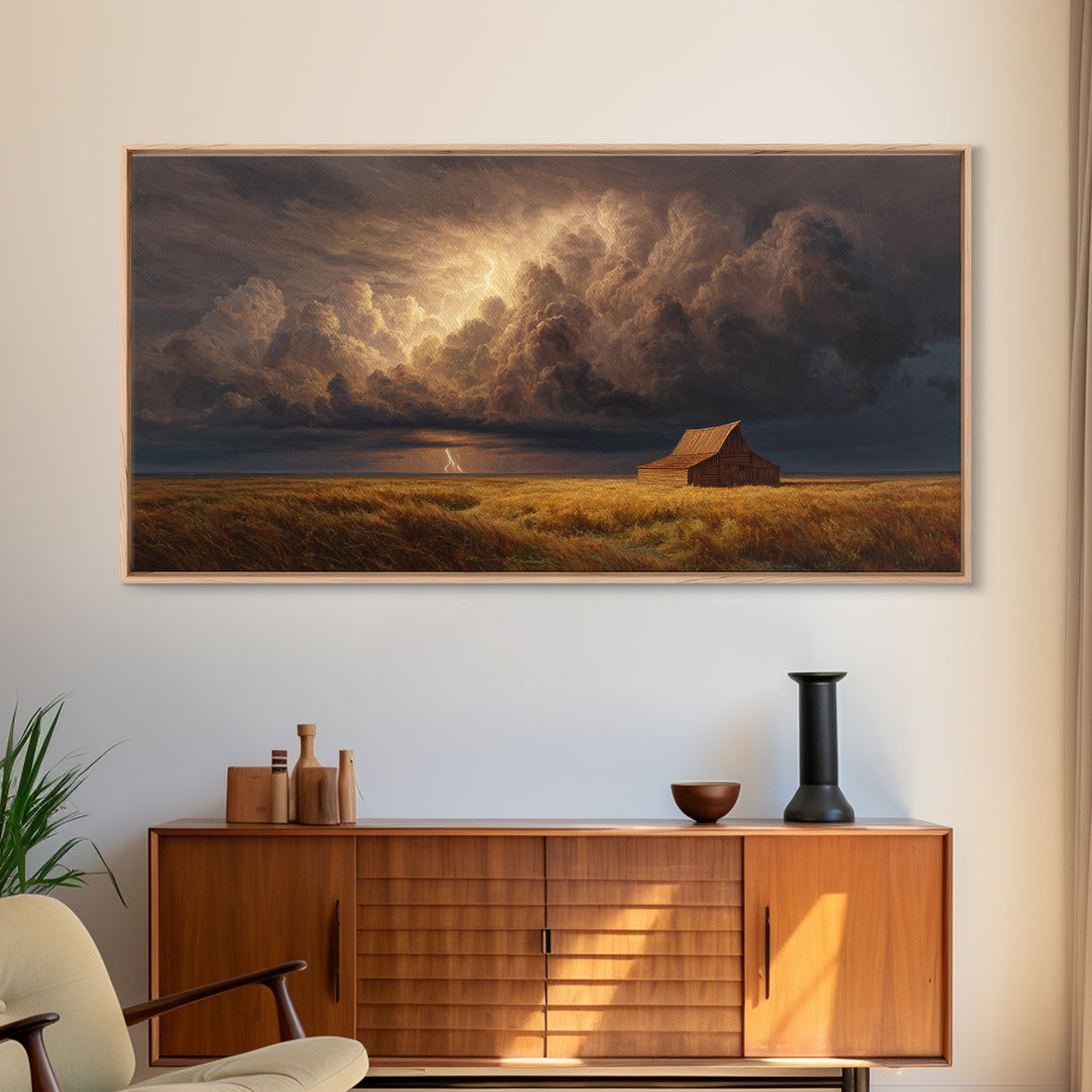 Dramatic Prairie Storm With Lightning Over Barn Large Wall Art Oil Painting Canvas Print Rustic Decor