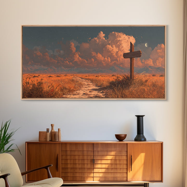Tranquil Desert Landscape Sunlit Path With Cross Wall Art Sunset Painting Canvas Print Home Decor