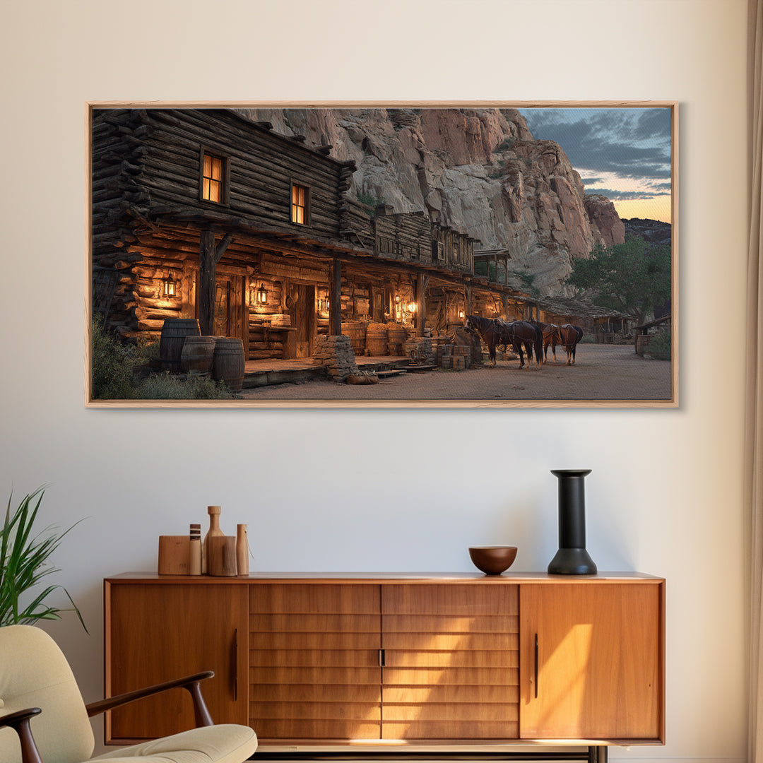 Historic Old Western Log Cabin With Horses At Dusk Wall Art Framed Canvas Print For Rustic Home Décor