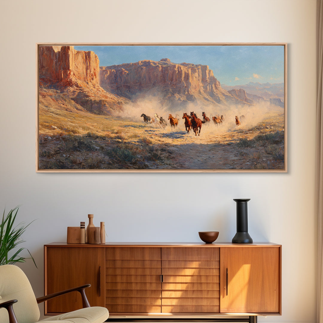 Dramatic Wild Horses Running Across Dusty Plains Majestic Western Landscape Wall Art Canvas Print for Rustic Home Decor