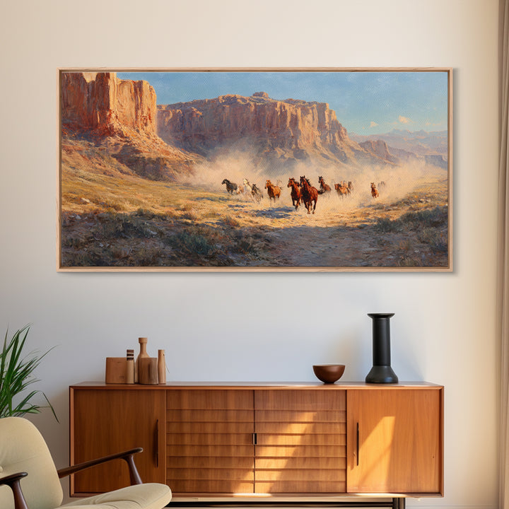 Dramatic Wild Horses Running Across Dusty Plains Majestic Western Landscape Wall Art Canvas Print for Rustic Home Decor