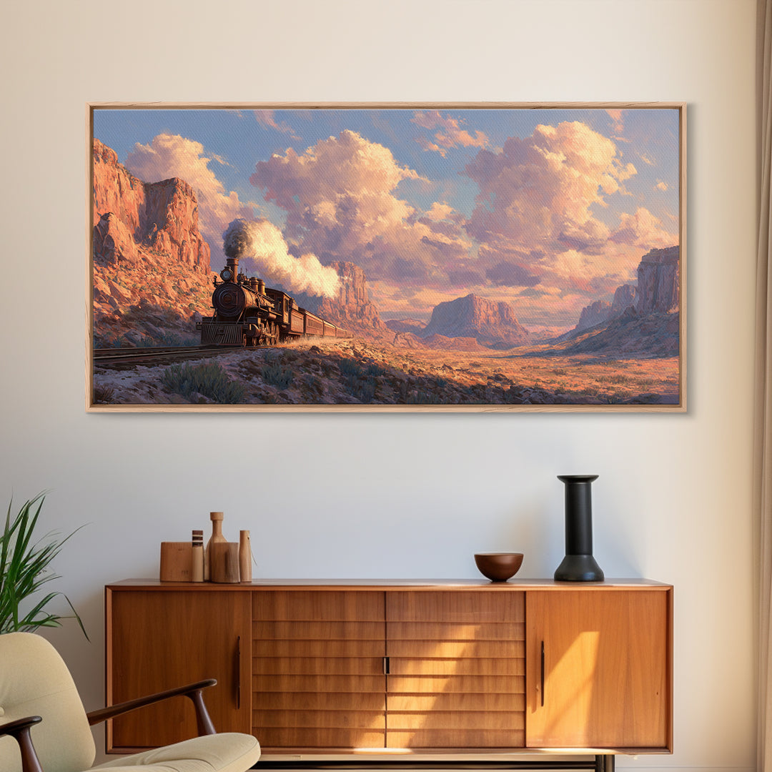 Vintage Steam Locomotive Train Crossing Desert Canyon Landscape Painting Canvas Print Rustic Wall Art