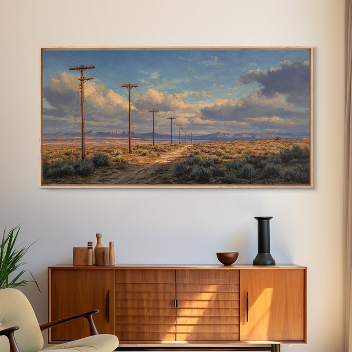 Desert Landscape With Power Poles Under Dramatic Sky Oil Painting Large Wall Art For Home Decor