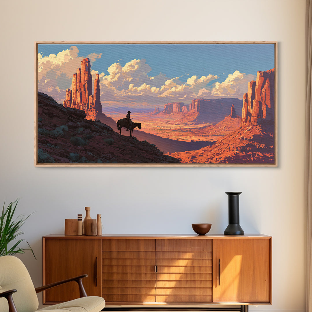 Cowboy On Horse Overlooking Majestic Red Rock Canyon Landscape Wall Art Framed Canvas Print For Rustic Home Decor