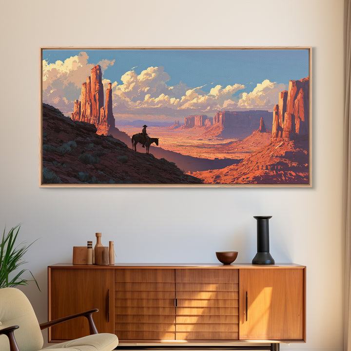 Cowboy On Horse Overlooking Majestic Red Rock Canyon Landscape Wall Art Framed Canvas Print For Rustic Home Decor