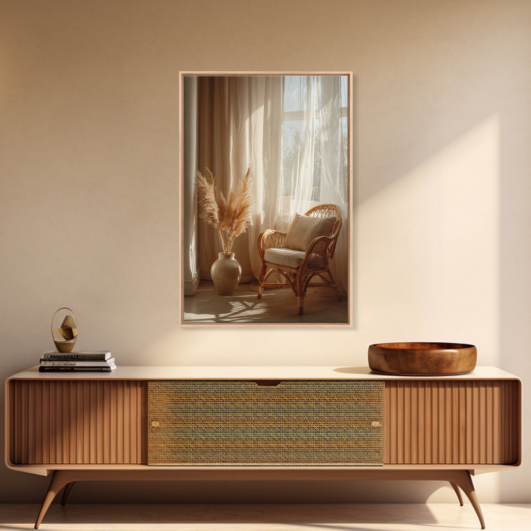 Sunlit Rattan Chair With Pampas Grass Framed Canvas Print, Boho Wall Art, Neutral Home Decor, Cozy Bedroom Wall Decor Print