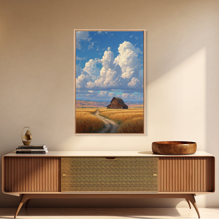 Quiet Serenity Of Rustic Barn In Golden Field Under Expansive Sky Wall Art Framed Canvas Print