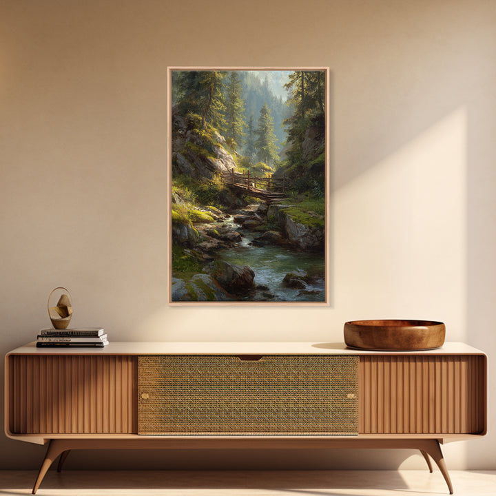 Peaceful Forest Stream Landscape Oil Painting With Bridge And Sunlight Fine Art Print Wall Art