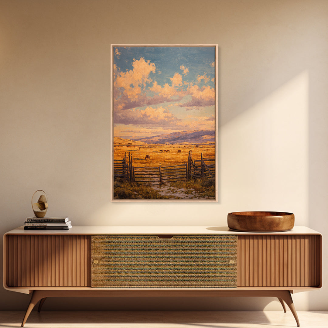 Classic Rural Landscape Oil Painting Rustic Farmhouse Scene With Fence And Cows Large Wall Art Framed Canvas Print