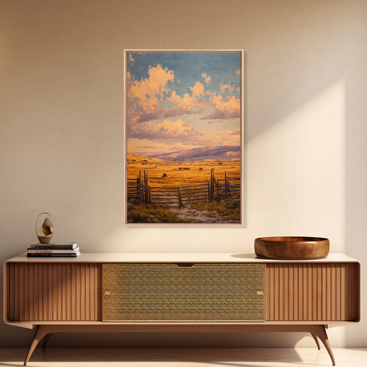 Classic Rural Landscape Oil Painting Rustic Farmhouse Scene With Fence And Cows Large Wall Art Framed Canvas Print