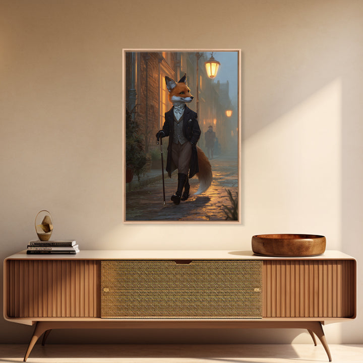 Victorian Fox Strolling Gaslit Street Wall Art, Dapper Animal Portrait, Dark Academia Decor, Whimsical Living Room Print
