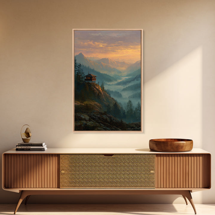 Serene Mountain Landscape At Sunset With Wooden Cabin Wall Art Framed Canvas Print For Living Room Decor