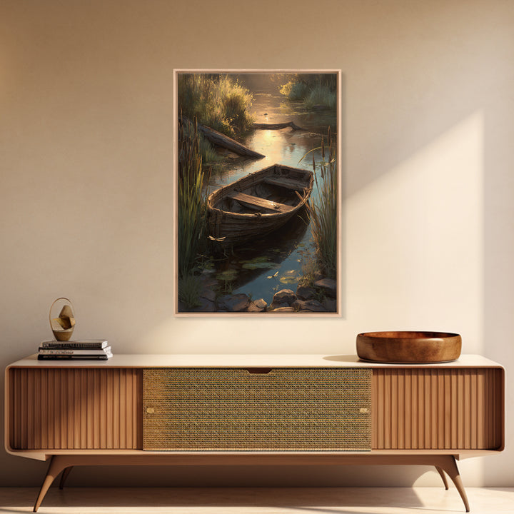 Serene Landscape Oil Painting Of Old Wooden Boat On Calm Water With Dragonflies Wall Art Framed Canvas Print