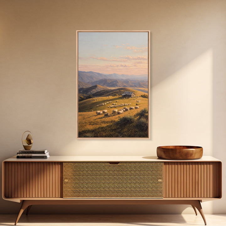Golden Pastoral Sheep Field Landscape Wall Art Canvas Print Large Rustic Home Decor Countryside Painting Original Art