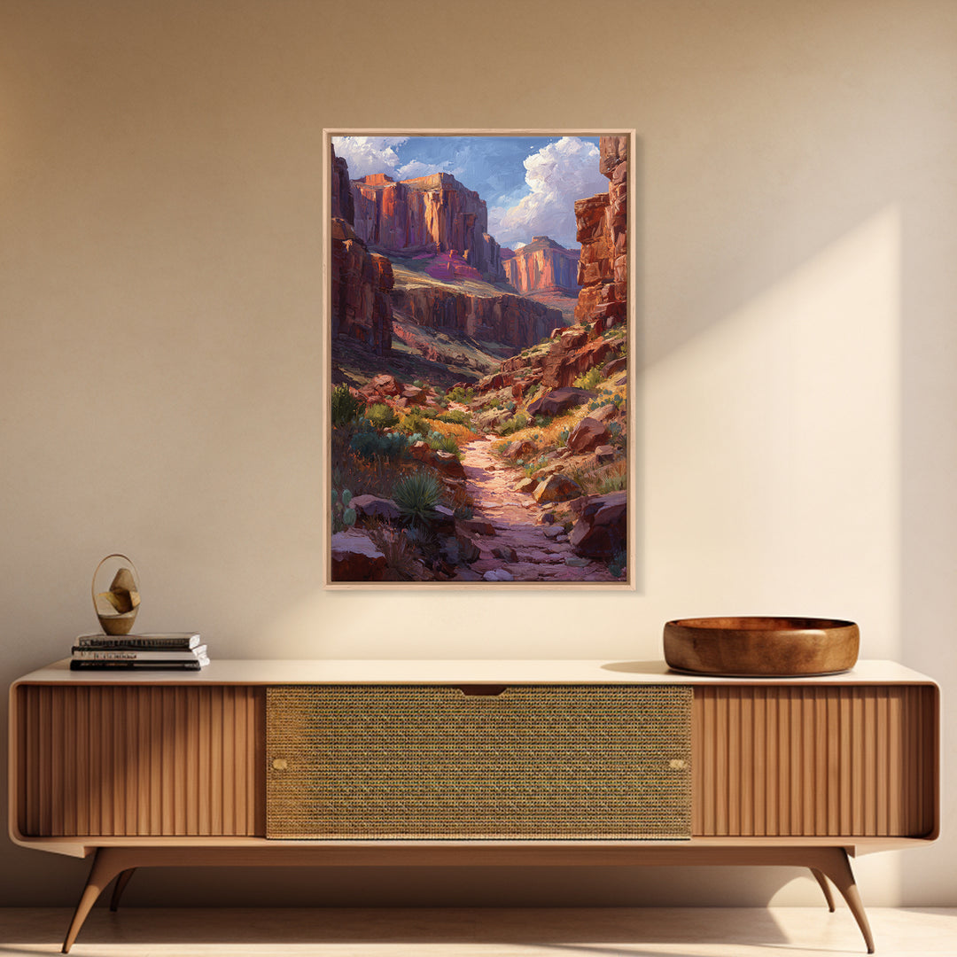 Grand Canyon Landscape Oil Painting Portrait Of Canyon Rocks Blue Sky And Path Trail Large Wall Art For Living Room Decor