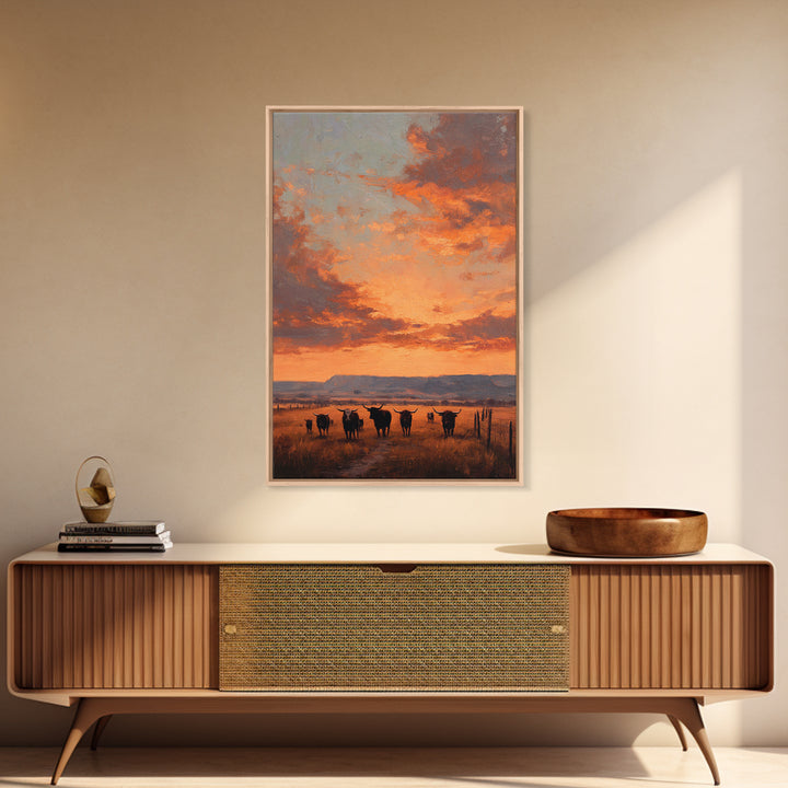 Rustic Western Sunset Landscape Painting With Longhorn Cows Framed Canvas Print For Country Home Decor And Farmhouse Wall Art