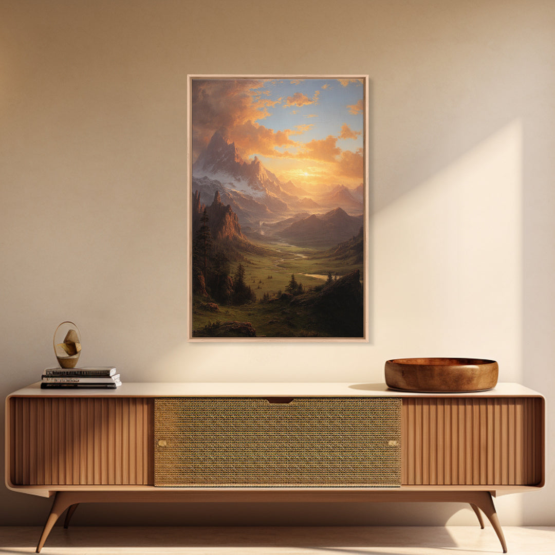 Romantic Mountain Valley Landscape Painting At Sunset Wall Art Print For Living Room Decor Framed Canvas Print Nature Home Decor