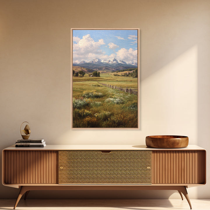 Classic Mountain Landscape With Meadow And River Oil Painting Wall Art Canvas Print For Traditional Rustic Living Room Decor