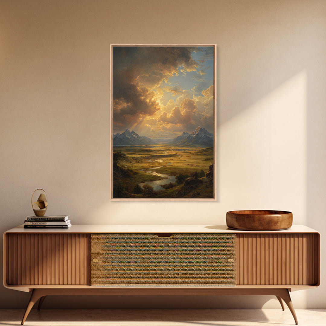 Sunlight Rays Breaking Through Cloudy Sky Over Vast Mountain Valley Framed Canvas Print For Nature Lovers