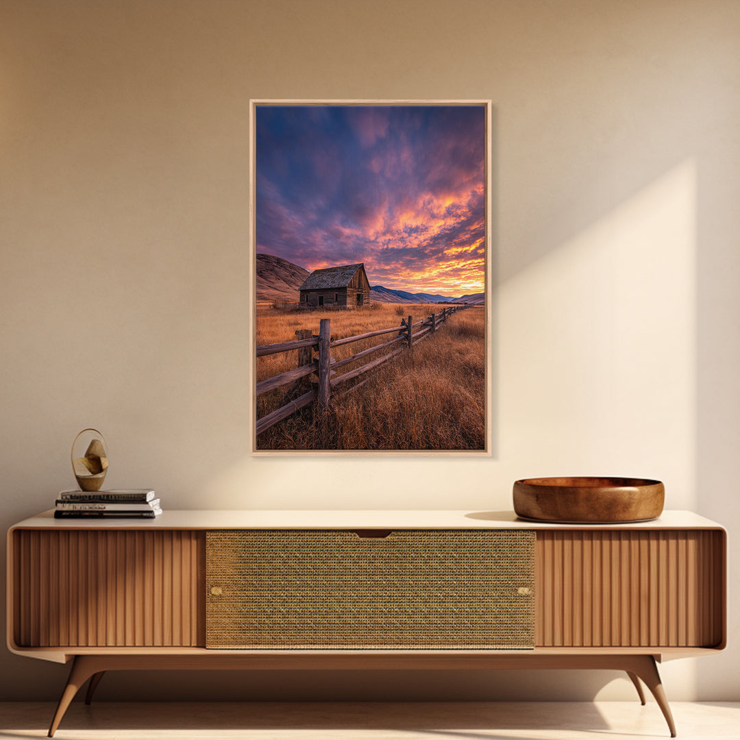 Tranquil Mountain Cabin And Boat By Lake Landscape Oil Painting - Framed Canvas Print Rustic Wall Art For Home Decor