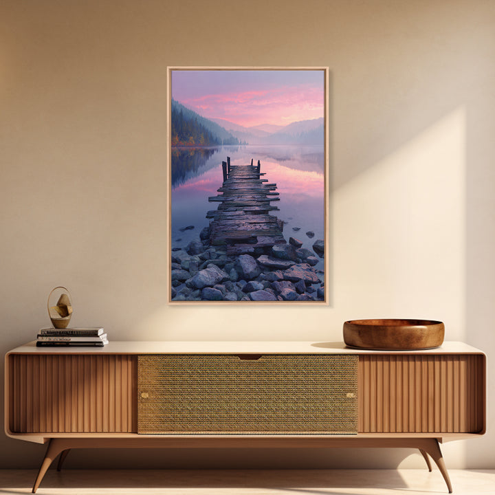 Peaceful Lakeside Dock Sunset Landscape Wall Art Canvas Print Serene Nature Wall Decor