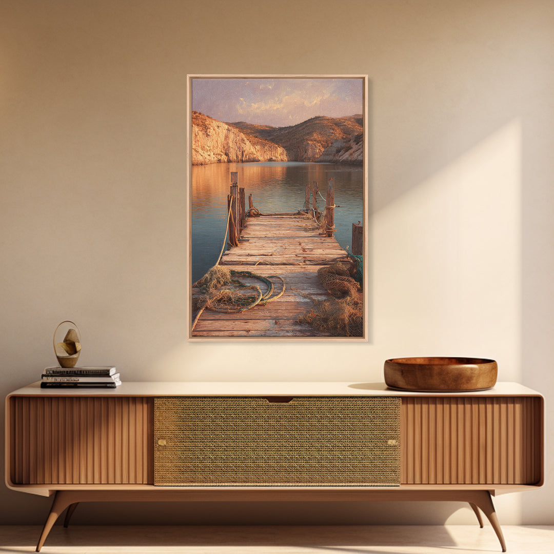 Rustic Wooden Pier Lake Scenic Painting Wall Art Print For Living Room Decor And Nature Inspired Canvas Print