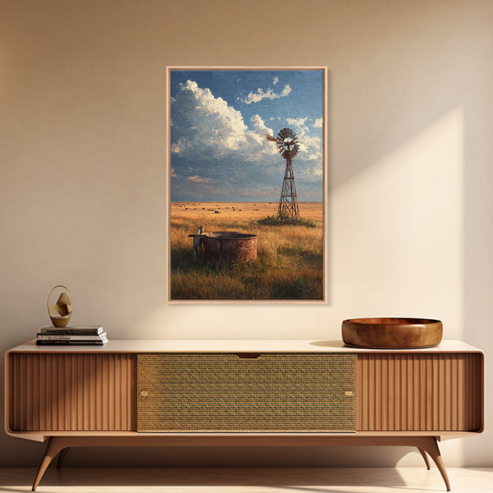 Rustic Windmill Landscape With Golden Fields Under Cloudy Sky - Large Wall Art Canvas Print Rustic Home Decor