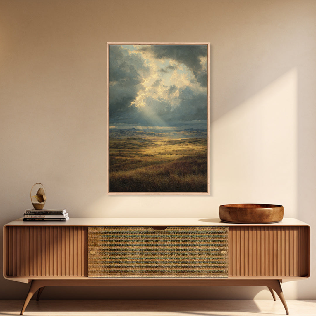 Magnificent Sunbeam Over Vast Meadow Landscape Painting Wall Art Large Canvas Print For Rustic And Farmhouse Decor