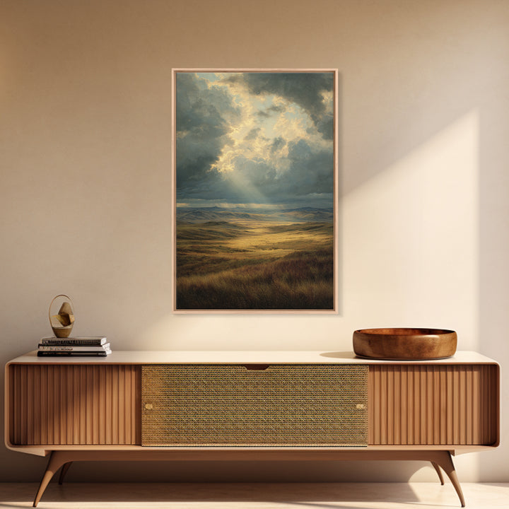 Magnificent Sunbeam Over Vast Meadow Landscape Painting Wall Art Large Canvas Print For Rustic And Farmhouse Decor