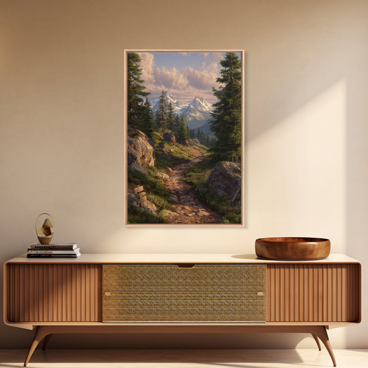 Cozy Sunrise Mountain Trail Landscape Canvas Print Rustic Wall Art With Sunlit Pines And Rocks For Cabin Or Living Room Decor