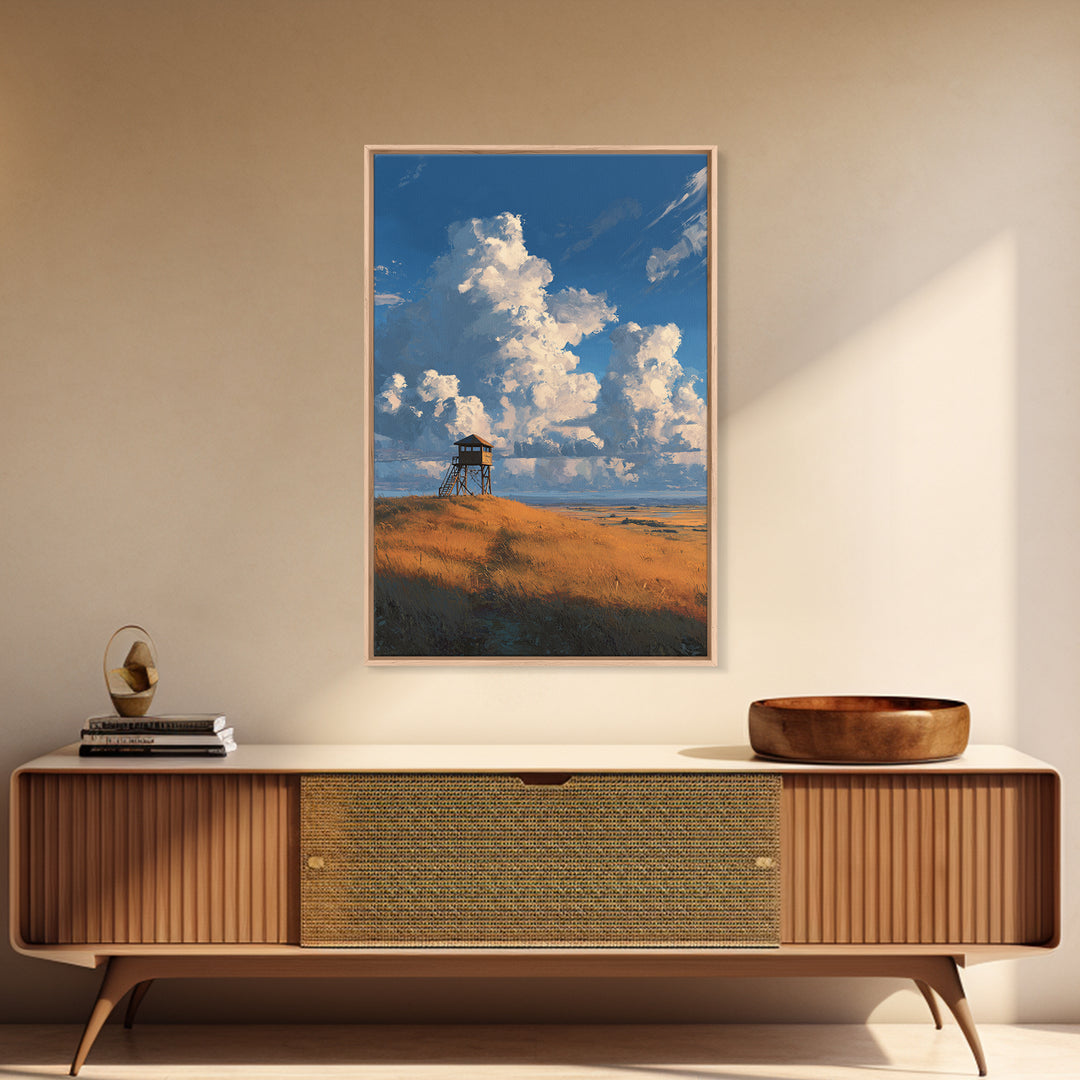 Blue Sky With Clouds Over Rustic Watchtower In Field Landscape Wall Art Original Canvas Print