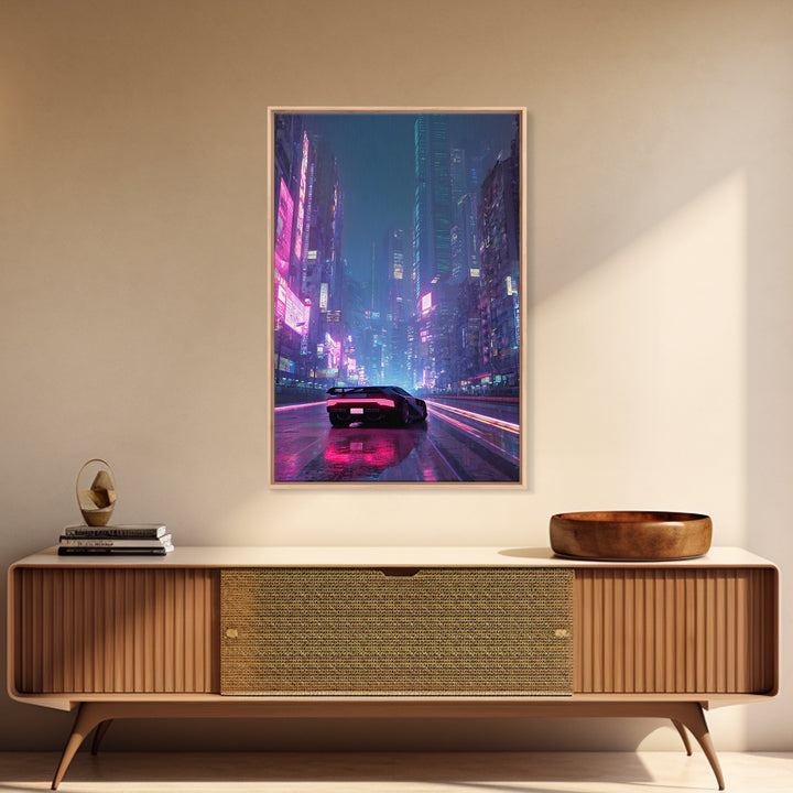 Futuristic Cyberpunk Car Racing Through Neon Lit Rainy City Streets Canvas Print For Trendy Wall Art