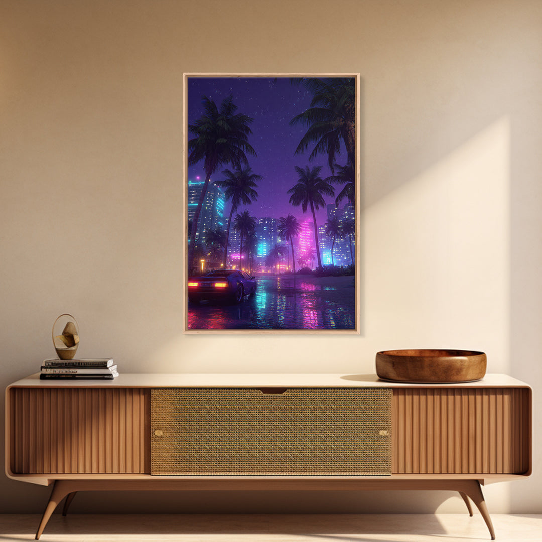 Neon Cityscape With Palm Trees And Retro Sports Car Large Wall Art Framed Canvas Print Vibrant Modern Home Decor