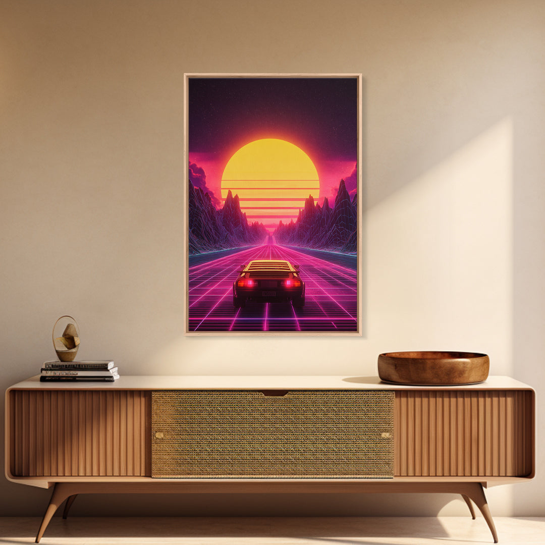 Retro Futuristic Neon Sunset Landscape With Car Driving On Road Wall Art Canvas Print Modern Home Decor For Living Room