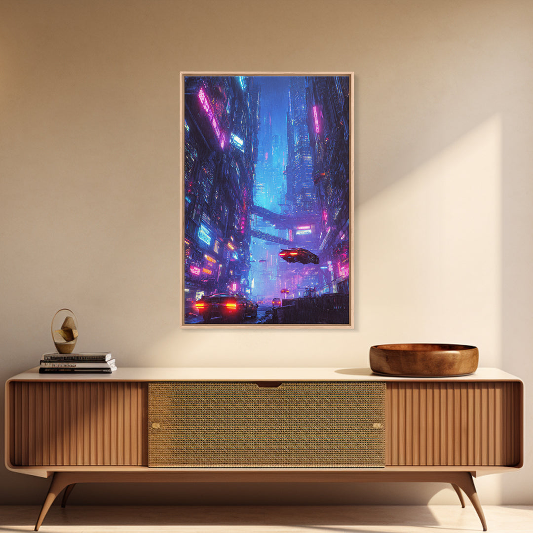 Cyberpunk Cityscape Night Scene Neon Lights Digital Wall Art Framed Canvas Print for Modern Home Decor