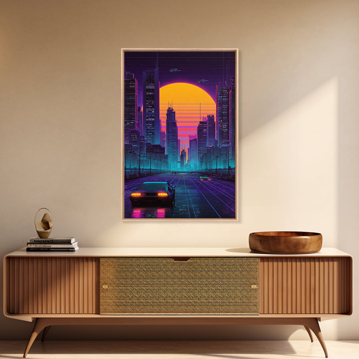 Futuristic Cityscape Digital Artwork With Neon Lights And Retro Sunset Beautiful Contemporary Wall Art Print For Office Decor