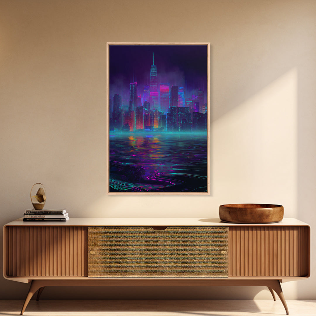 Neon Cyberpunk Cityscape With Reflections Futuristic Digital Wall Art Framed Canvas Print