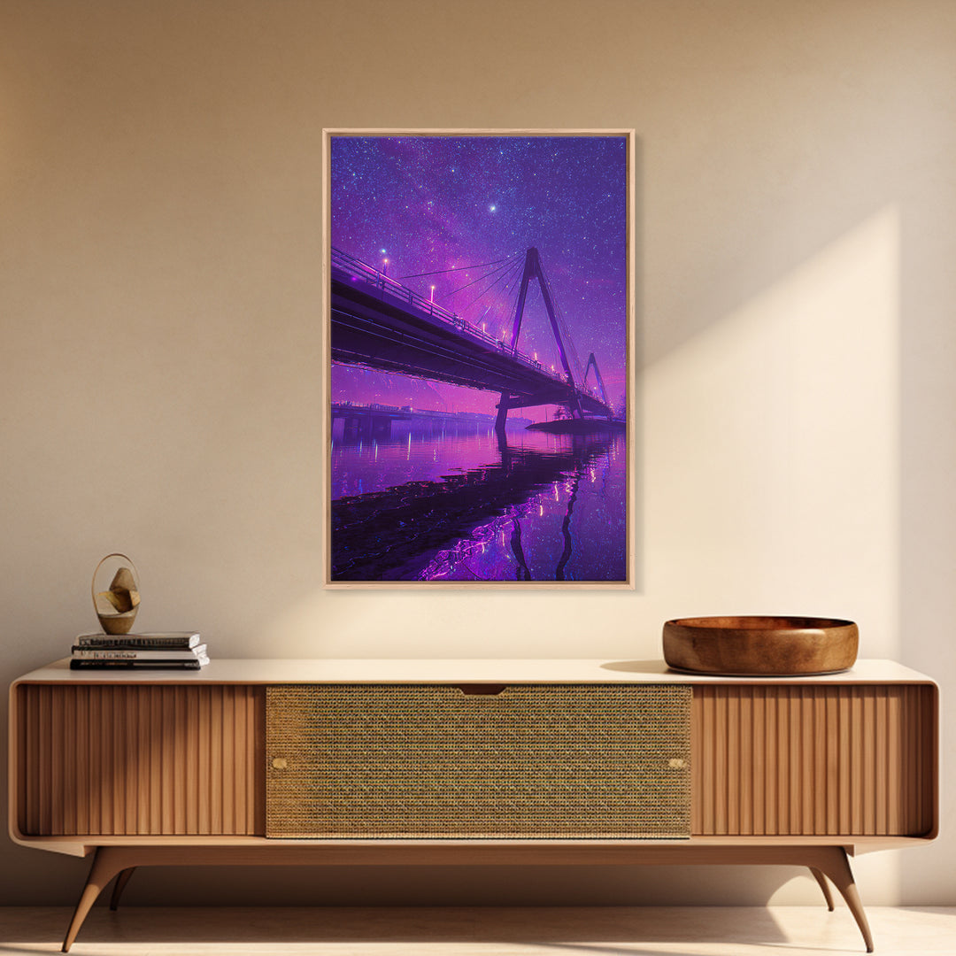 Digital 80s Style Neon Mountain Landscape With Purple Glowing River Wall Art Framed Canvas Print For Retro Modern Home Decor
