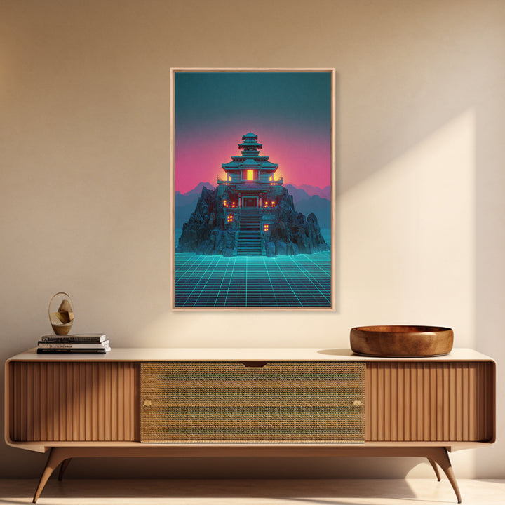 Futuristic Cyberpunk Japanese Temple Digital Artwork Wall Art Vibrant Canvas Print Perfect For Modern Home Decor