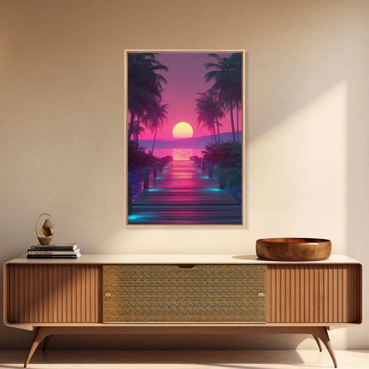 Retro Futuristic Neon Pink Sunset Over Waterfront Pier With Palm Trees Wall Art Framed Canvas Print For Vibrant Home Decor