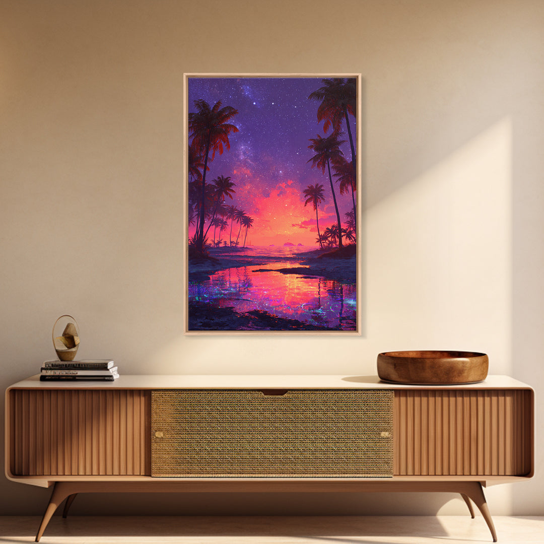 Vibrant Tropical Beach Sunset With Starry Sky Landscape Wall Art For Home Decor Framed Canvas Print