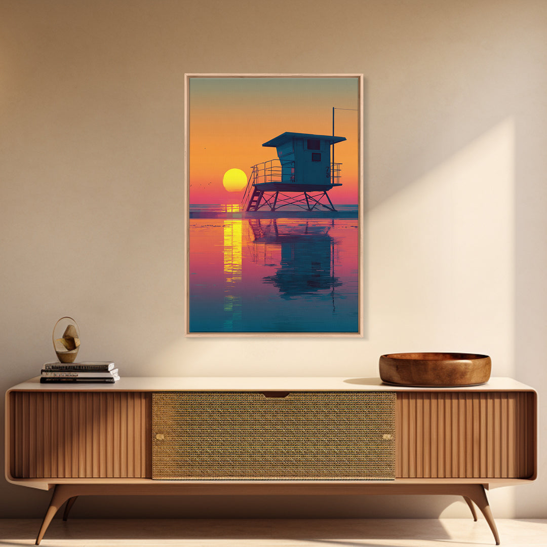 Sunset Beach Scene With Lifeguard Tower Reflecting On Water Modern Wall Art Digital Canvas Print